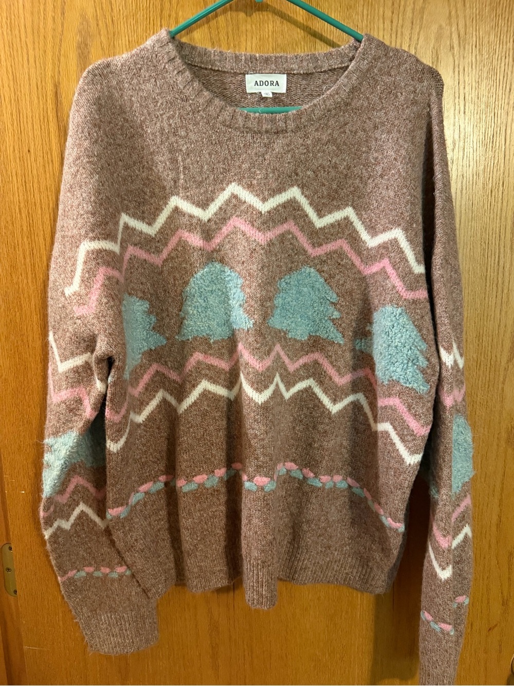 ADORA Brown Crewneck Sweater with Pink & Blue Motifs